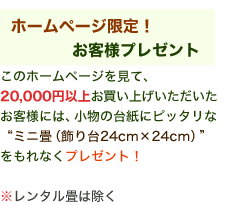   �z�[���y�[�W����I���q�l�v���[���g
���̃z�[���y�[�W�����āA20,000�~�ȏエ�����グ�������������q�l�ɂ́A�����̑䎆�Ƀs�b�^���ȁg�~�j��i�����24cm�~24cm�j�h������Ȃ��v���[���g�I�������^����͏���